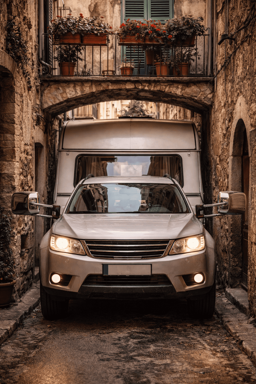 Auto mit Wohnwagen in enger Gasse