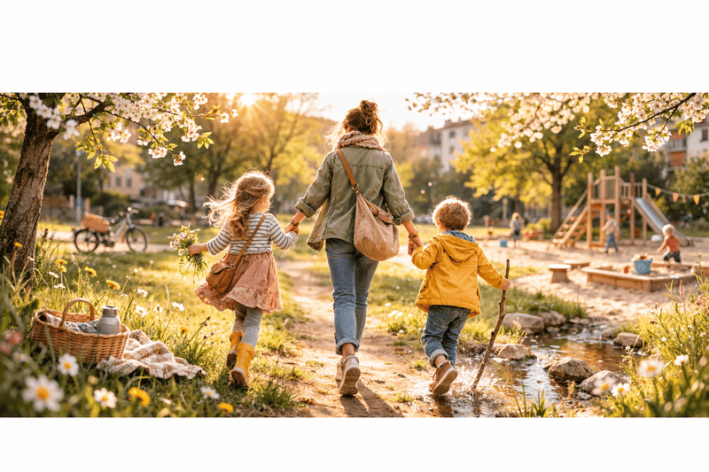 Mutter und zwei Kinder im Frühling im Stadtpark, Spaziergang unter blühenden Bäumen, warme Abendsonne, Natur im Familienalltag.