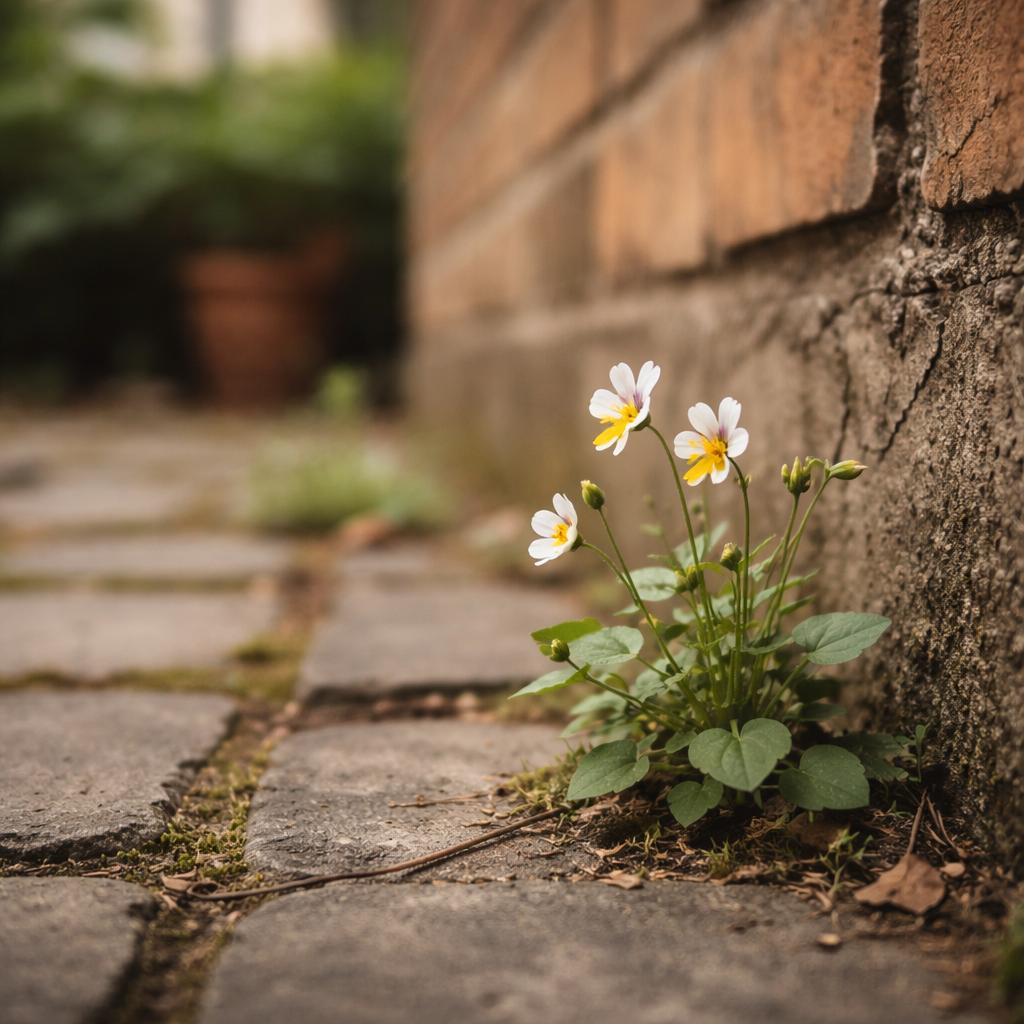 Eine Blume kämpft sich durch eine Mauerfuge