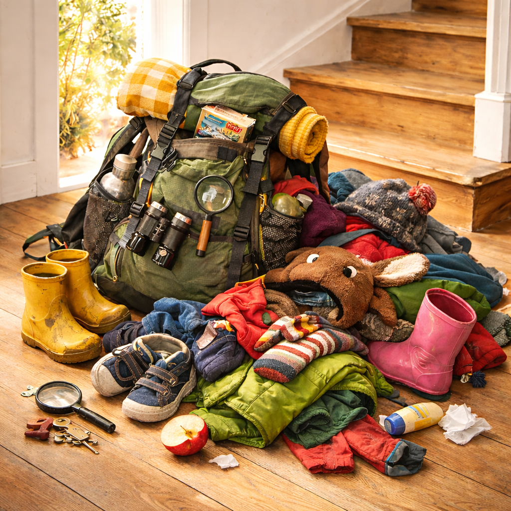 Mit Kindern rausgehen: Treppenhaus, Rucksack und Outdoor-Kleidung