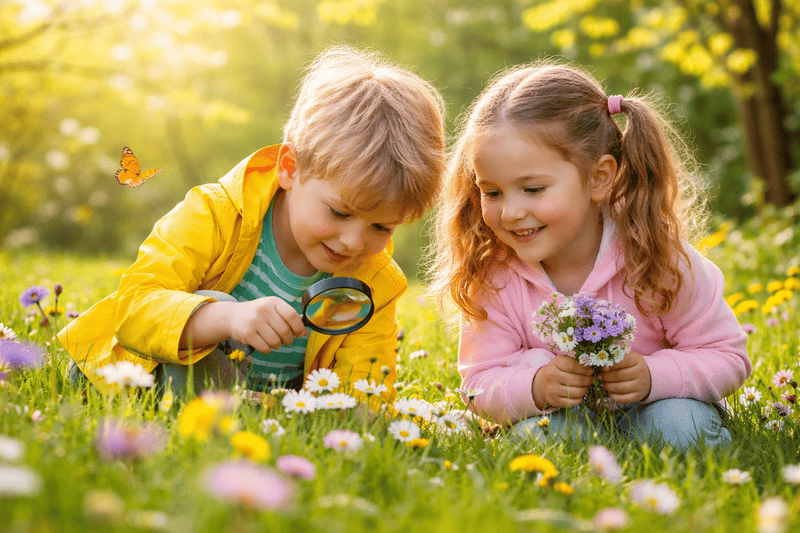 Naturideen für Kinder im Frühling – Natur entdecken mit Stadtkindern Kinder entdecken Blumen auf einer Frühlingswiese – Naturideen für Kinder im Frühling